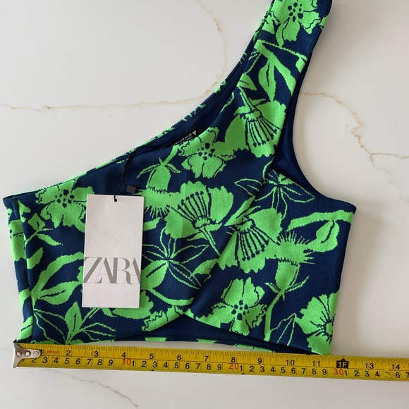 Zara Womens One Shoulder Crop Top Floral Navy Green Print Size Medium NWT - Picture 4 of 5